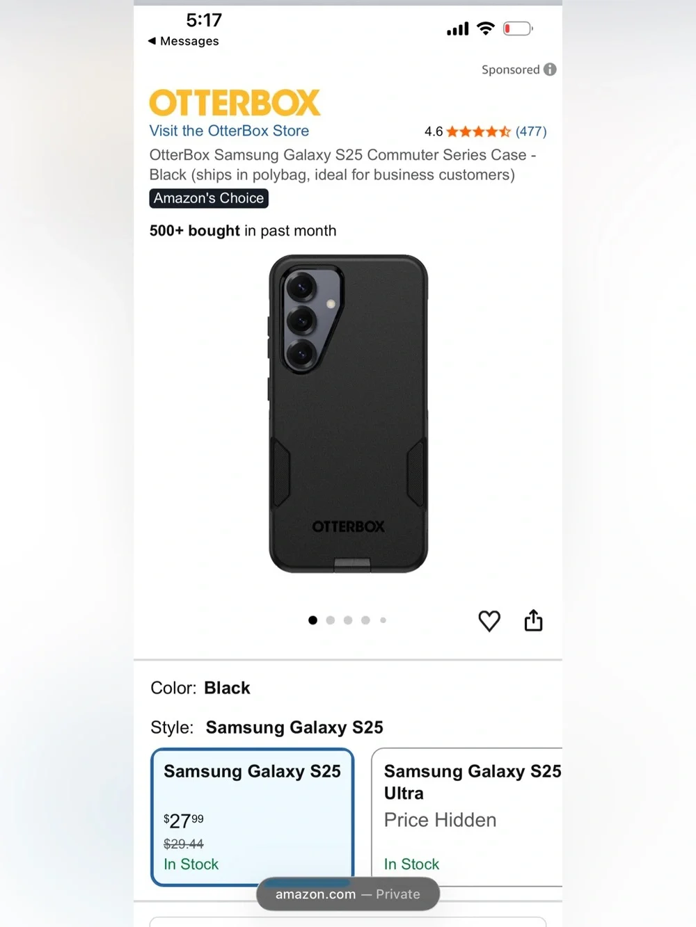 S25 OtterBox Drop+ Heavy Duty Black Phone Case